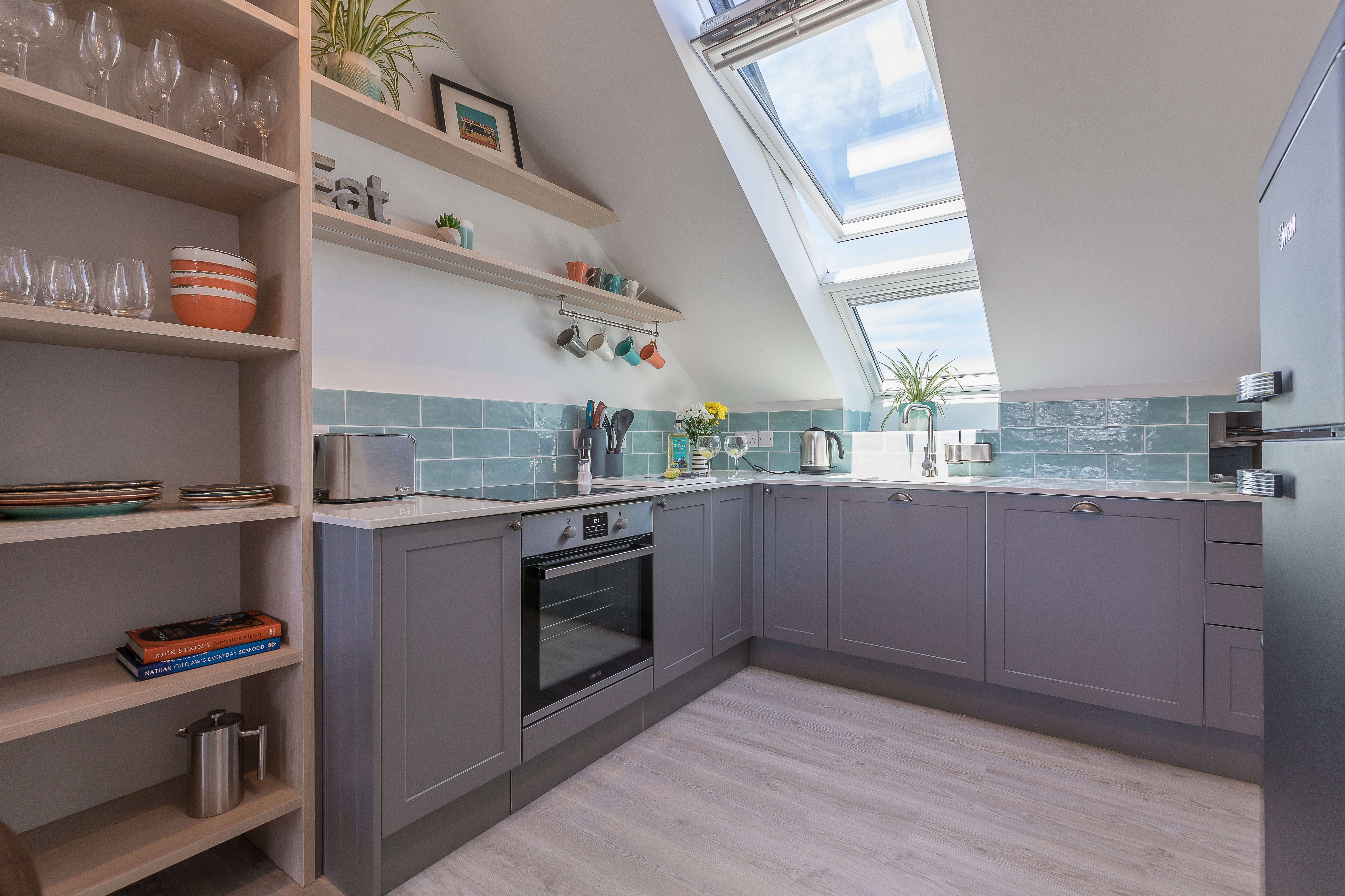 Kitchen layout of the Demelza luxury self-catering apartment at Polmanter Touring Park St Ives