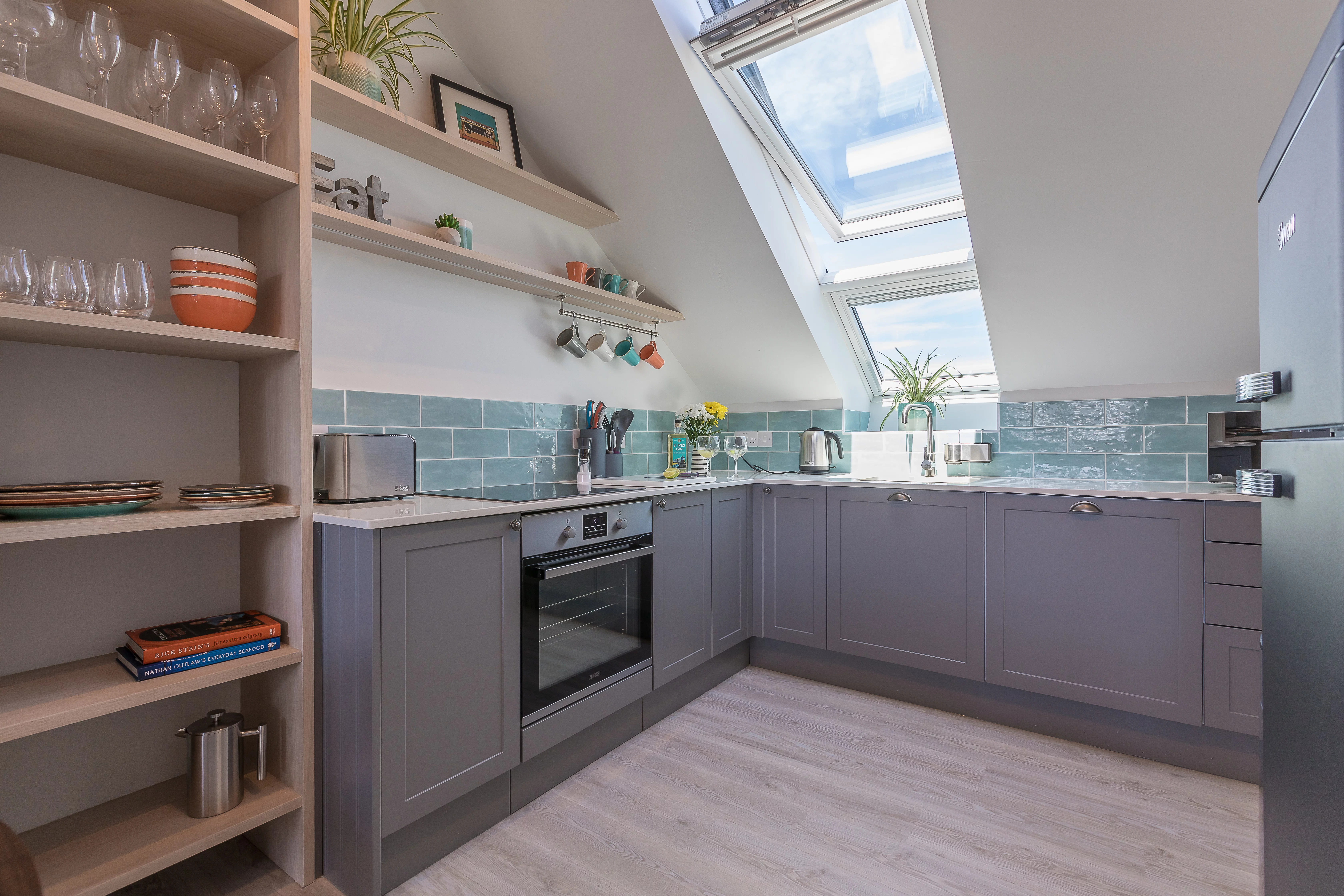 Kitchen layout of the Demelza luxury self-catering apartment at Polmanter Touring Park St Ives