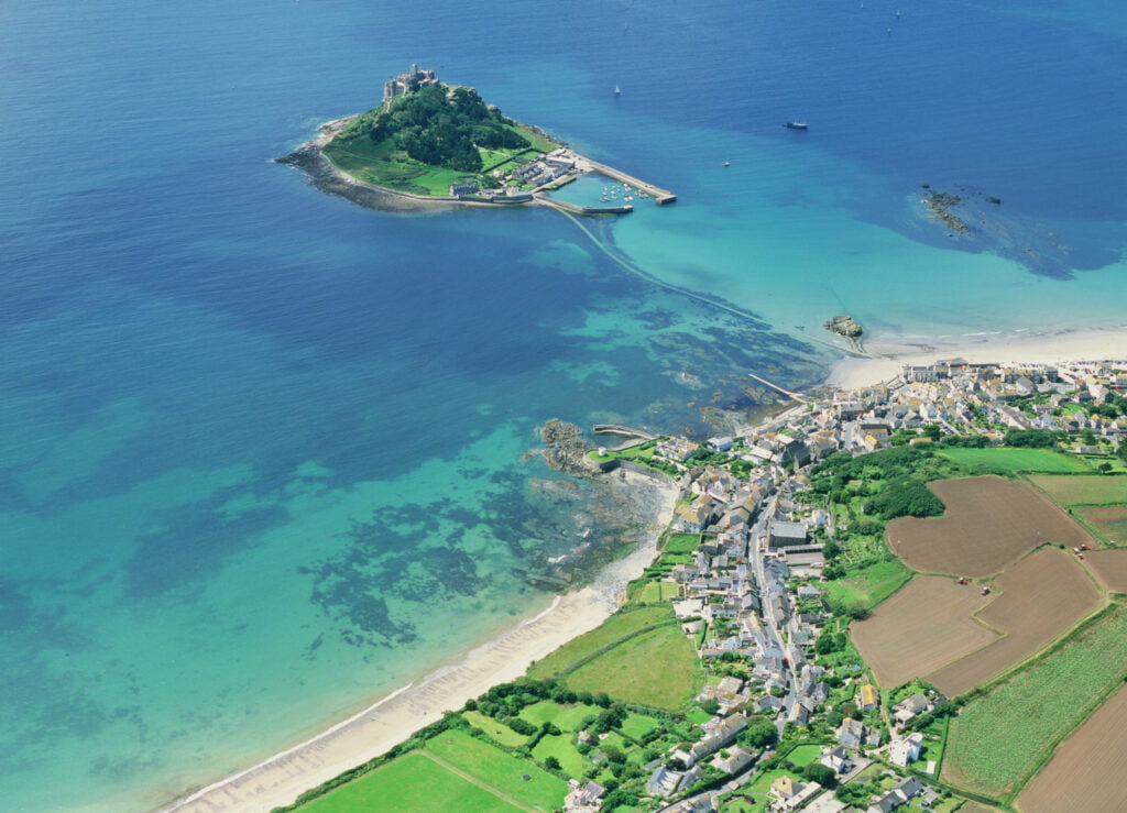 Aerial view of Marazion Beach in West Cornwall