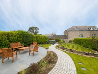 Landscaped garden at Polmanter Touring Park's self-catering holiday cottage St Ives