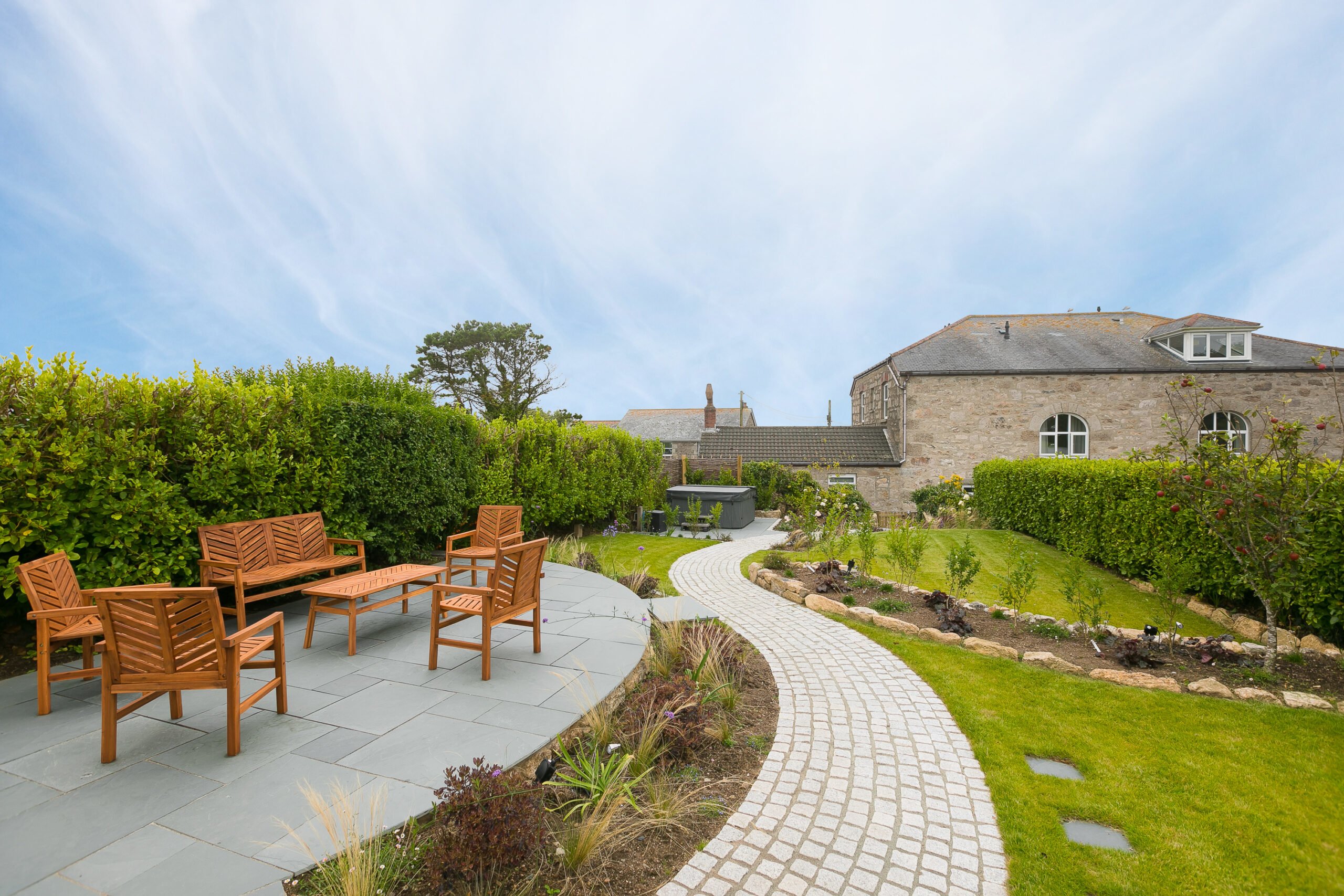 Landscaped garden at Polmanter Touring Park's self-catering holiday cottage St Ives