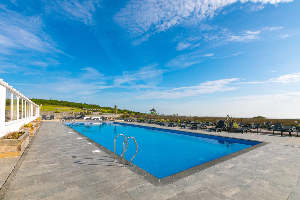 Outdoor heated swimming pool at Polmanter Touring Park