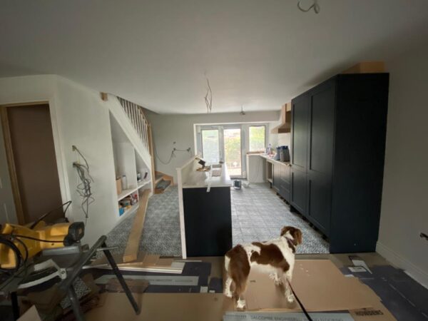 Polmanter holiday cottage renovation on the ground floor sees the kitchen starting to be fitted