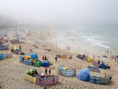 Mist over Porthmeor Beach on a foggy day in Cornwall