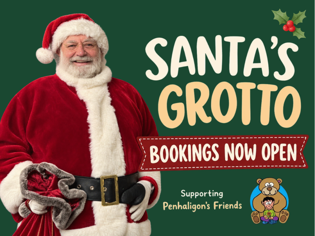 Santa’s Grotto: bookings now open. Smiling Santa in a red velvet suit with a real white beard, supporting Penhaligon’s Friends.