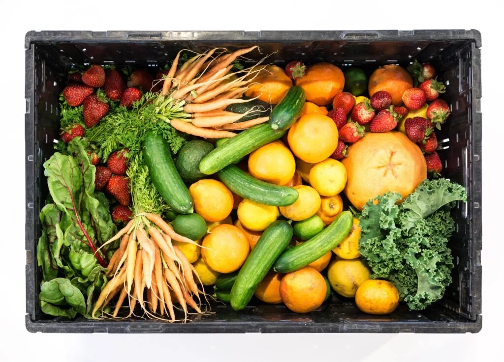 Box of vegetables sold from St Ives farm shops