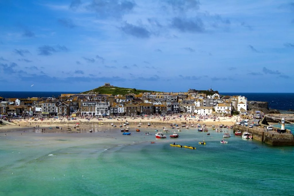St Ives harbour, beach and town on a sunny day